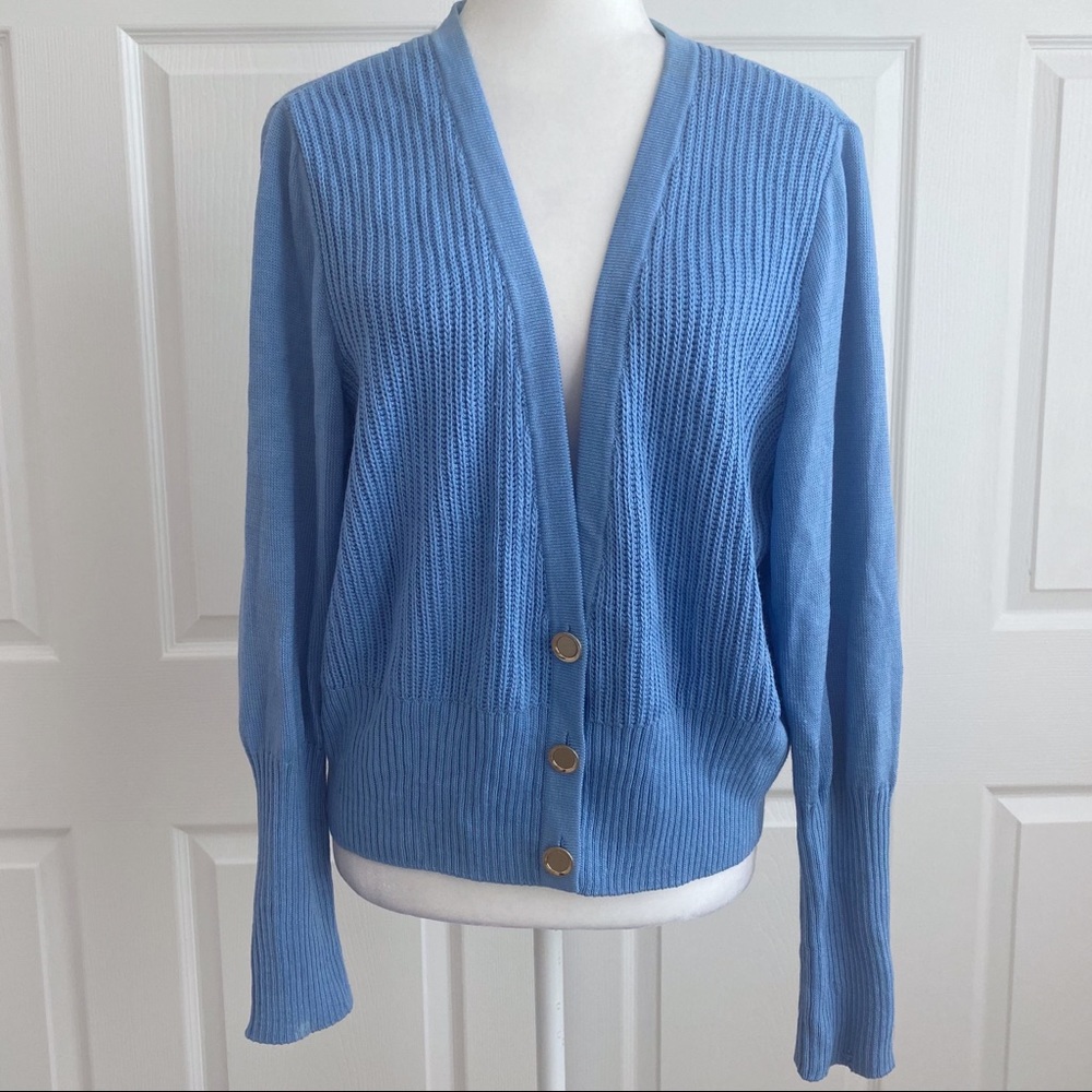 St. John Blue Ribbed Knit Wool Blend Cardigan